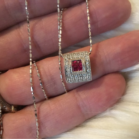 Estate 18K White Gold Ruby & Pave Natural Diamond Pendant - Picture 2 of 6